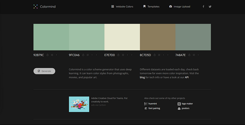 Homepage of Colormind