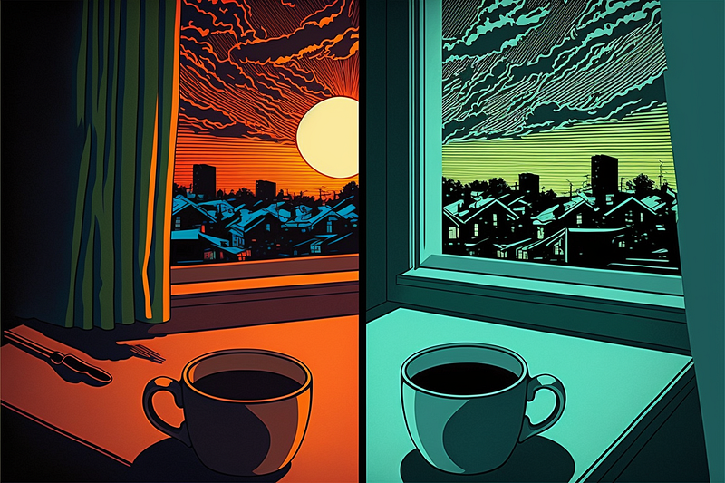 Pop art image of a morning scene and evening scene of coffee cups in front of a window