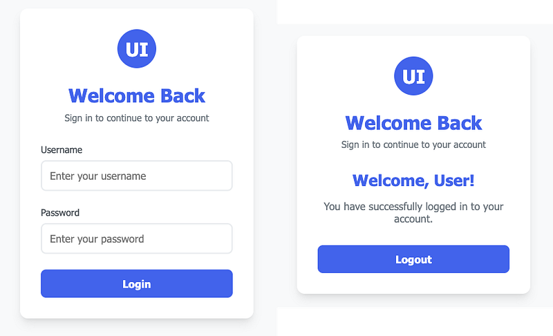 Side-by-side screenshots of a login flow. The left image shows a clean login interface with a blue ‘UI’ logo, ‘Welcome Back’ header, username and password fields, and a blue ‘Login’ button. The right image displays the successful login state with the same logo and header, plus a ‘Welcome, User!’ message confirming successful login, and a ‘Logout’ button. This basic UI is the testing ground for the self-healing test framework.