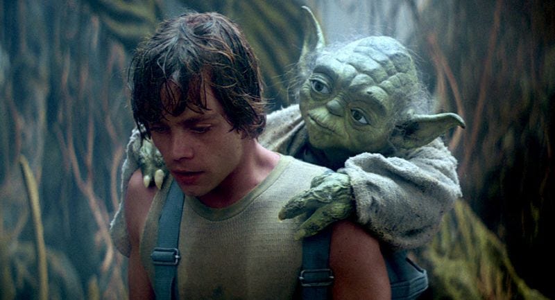 Luke Skywalker training with Master Yoda from the film The Empire Strikes Back(1980).