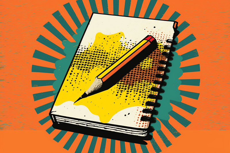 pop art illustration of a pencil on top of a notebook