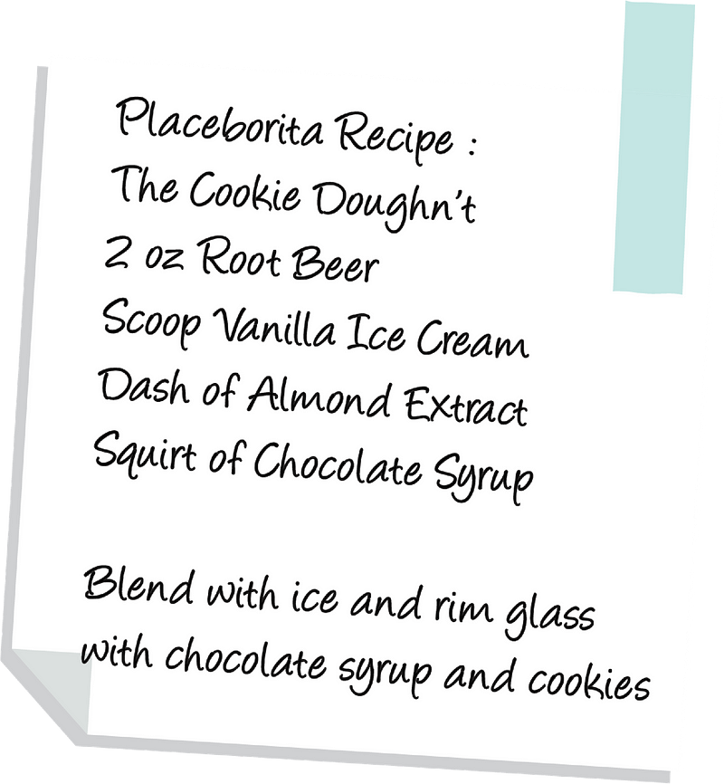 Placeborita Recipe: The Cookie Doughn’t, 2 oz Root Beer, Scoop Vanilla Ice Cream, Dash of Almond Extract, Squirt of Chocolate Syrup. Blend with ice and rim glass with chocolate syrup and cookies.