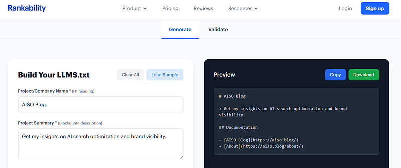 Rank ability LLMS.txt Generator & Validator at AISO Blog