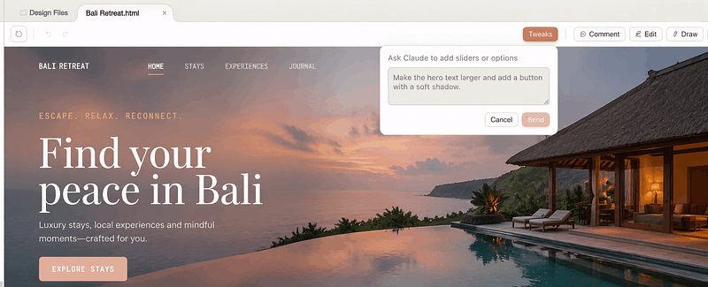 Bali retreat website hero section with a sunset ocean view, luxury villa and infinity pool, large headline “Find your peace in Bali,” navigation menu, and a UI popup suggesting design tweaks.