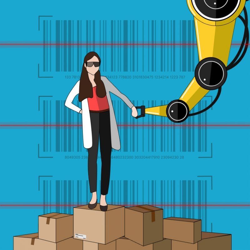 Cartoon of woman holding hands with an industrial robot