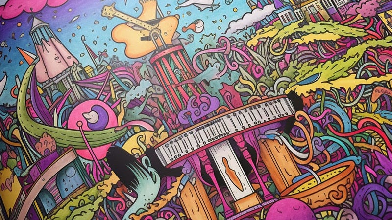 Coloring book with vivid colors and a scene of a trippy cityscape