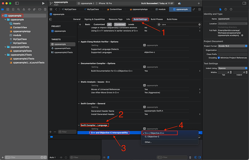 Xcode Build Settings showing C++ and Objective-C interoperability option