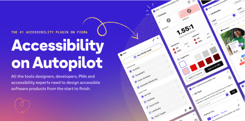 The most comprehensive accessibility suite for Figma. Contrast checking, vision simulation, alt text suggestions, focus order, touch target sizing, and more.