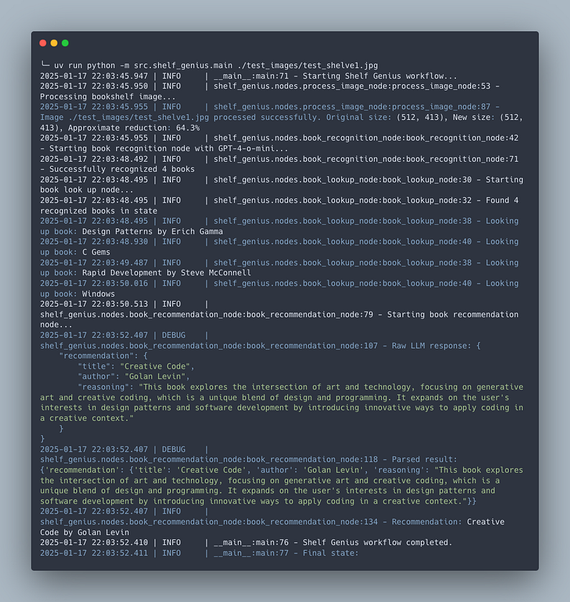 Terminal output showing Shelf Genius processing a bookshelf image, recognizing 4 technical books, and recommending ‘Creative Code’ by Golan Levin based on the user’s interest in programming and design.