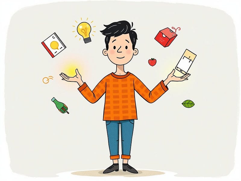A colourful illustration showing a person juggling various objects representing daily habits, with some objects glowing (representing healthy habits) and others dimming (representing harmful habits).
