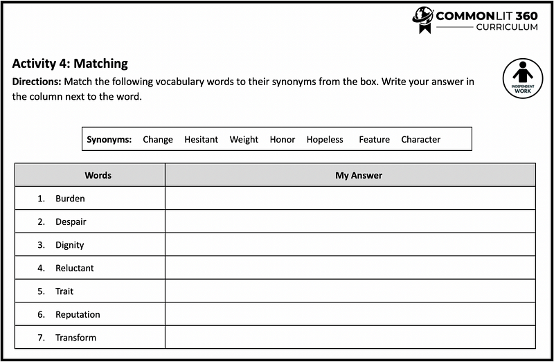 An example of the matching vocabulary activity.