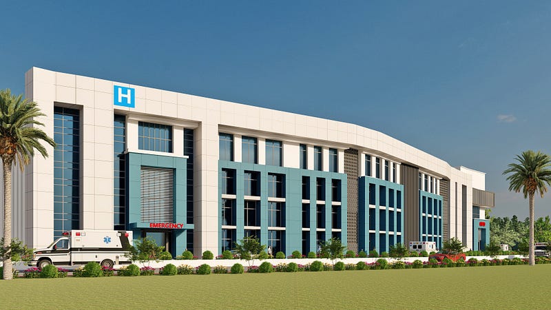 This contemporary hospital exterior design highlights a well-planned healthcare architecture focused on functionality, accessibility, and modern aesthetics. The building features a clean white facade combined with blue vertical elements, large glass windows for natural light, and a clearly defined emergency entrance for efficient patient access.