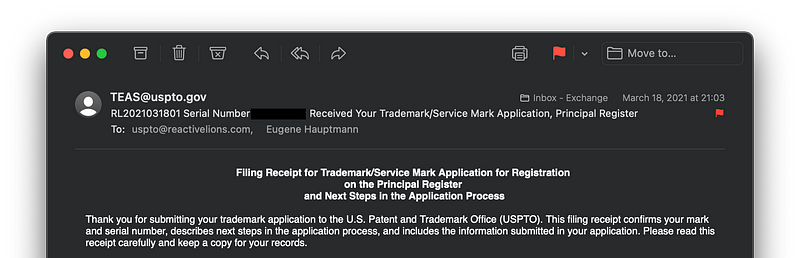 Trademark Application Confirmation from USPTO