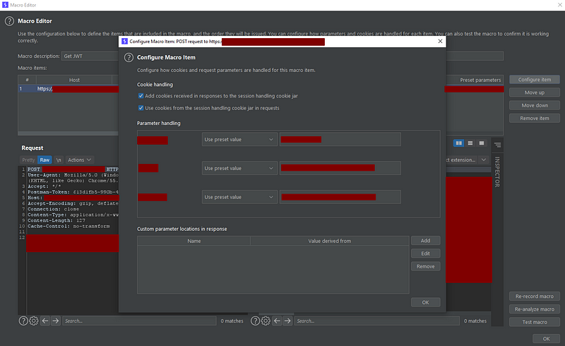 Configuring a macro request to handle parameters and cookies