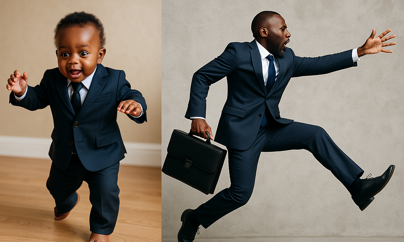 A side-by-side collage featuring two images: on the left, a young Kenyan baby boy in a navy-blue suit and tie joyfully taking his first steps, with a bright, focused expression; on the right, a professional Kenyan man in a matching navy-blue suit and tie making a dramatic leap forward while holding a black briefcase. The collage visually represents the metaphor of growth and progress, from first steps to bold strides.