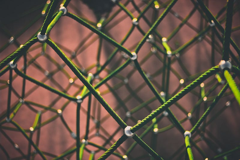 A connected web of nodes and nylon ropes.