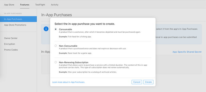 Add new in-app purchase product in App store connect