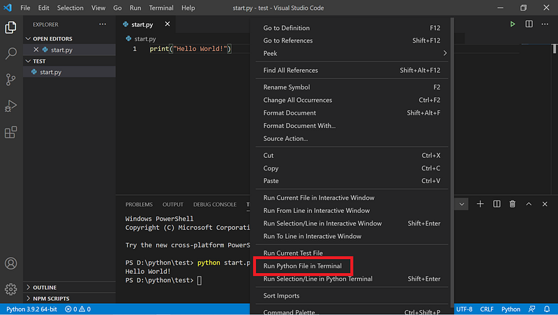 Click “Run python file in terminal”