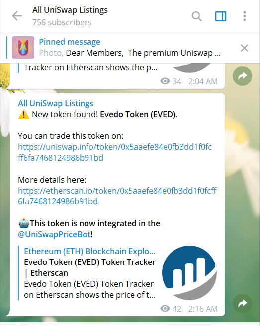 Official Telegram Announcement EVED traded on Uniswap exchange