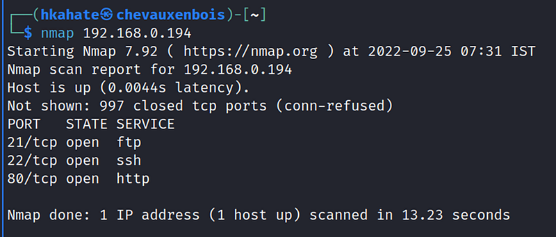 Scanning the IP address of the target machine using NMAP.