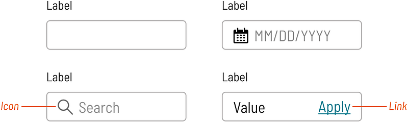 Variants of an input component, annotating border and icon color Variants of an input component, annotating border and icon color
