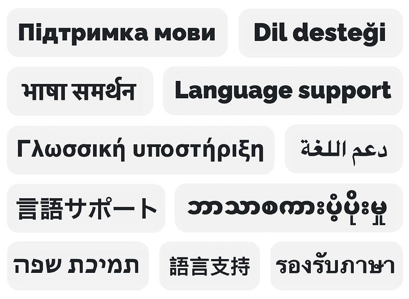 Multiple languages all saying “language support”