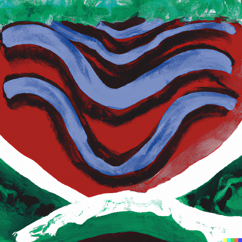 An art brut illustration of rolling ocean waves, blue, red, and earth tones with a bit of green.