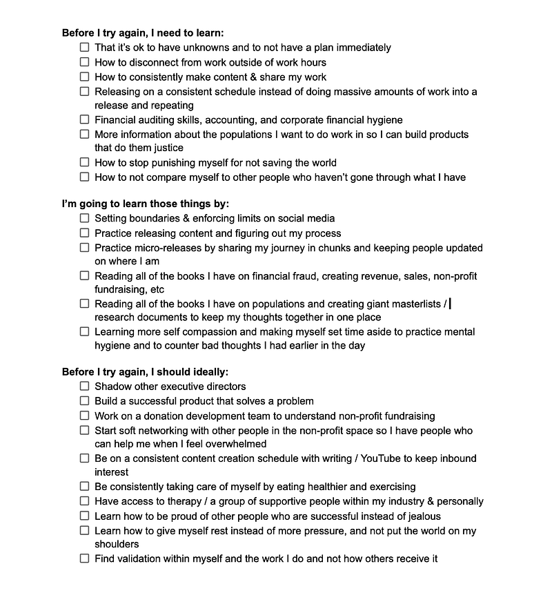 A document with a list of things that I need to do before I try to launch another non-profit.