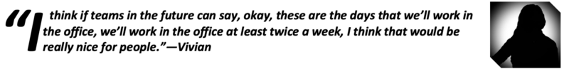 “I think if teams in the future can say, okay, these are the days that we’ll work in the office, we’ll work in the office at least twice a week, I think that would be really nice for people.”—Vivian