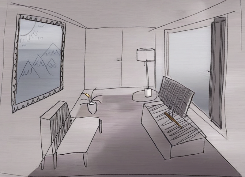 A mix of a drawn and real image of an interior design