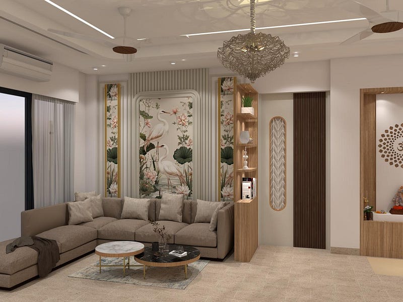 This elegant living area interior design by ArchitectsHive showcases a perfect blend of modern aesthetics and functional space planning. The design features a stylish sectional sofa, decorative wall panels with artistic mural artwork, warm lighting, and contemporary ceiling design. Natural textures, wooden shelving, and soft neutral tones create a calm and luxurious ambiance.