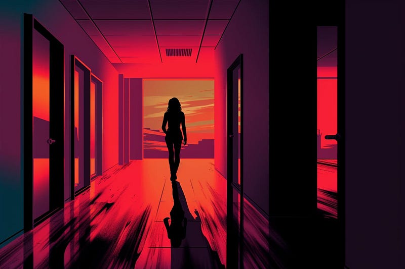 pop art illustration of a silhouette of a woman walking through a lonely corridor toward the open door of an office