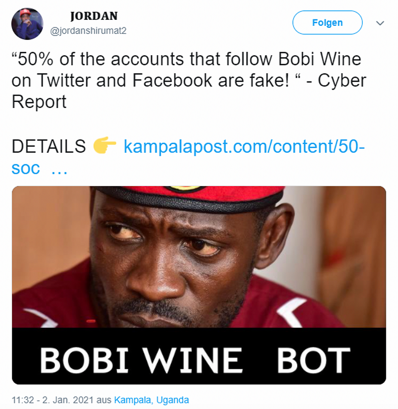 The account named “JORDAN” amplified anti-Bobi Wine disinformation posted by Kampala Post to thousands of followers. (Source: @jordanshirumat2/archive)