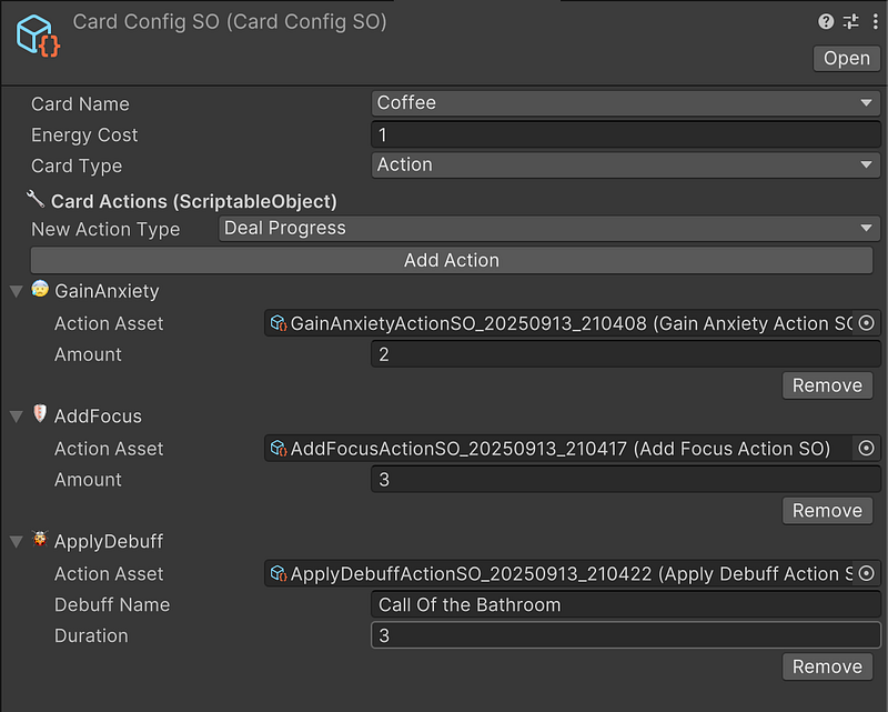 Unity Inspector showing the hybrid custom editor with ScriptableObject actions displayed inline as if they were part of the same asset