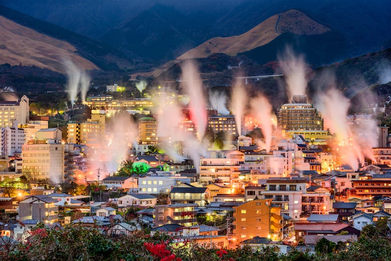 Steam rises from onsen in Oita Prefecture’s city of Beppu
