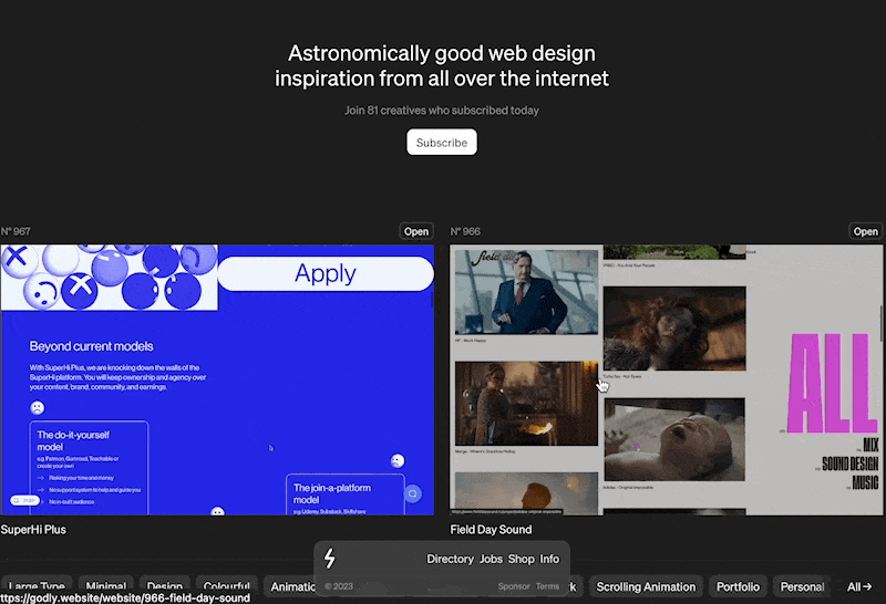 A GIF depicting a user scrolling down a website that shows multiple thumbnails of great looking design examples.