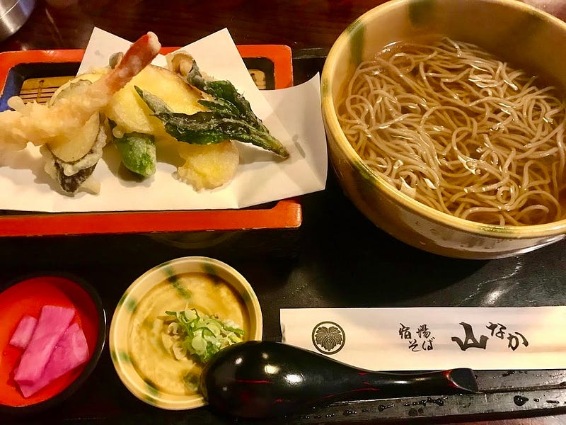 Tempura, soba noodle soup, and Japanese pickles.