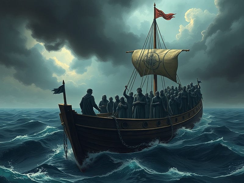 A ship crowded with chained figures, sailing across a vast ocean under a stormy sky, with broken souls below deck, shackles on wrists.