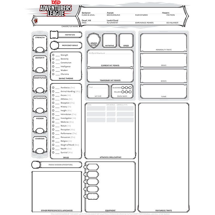 Adventurer’s League Character Sheet for Fifth Edition Dungeons and Dragons