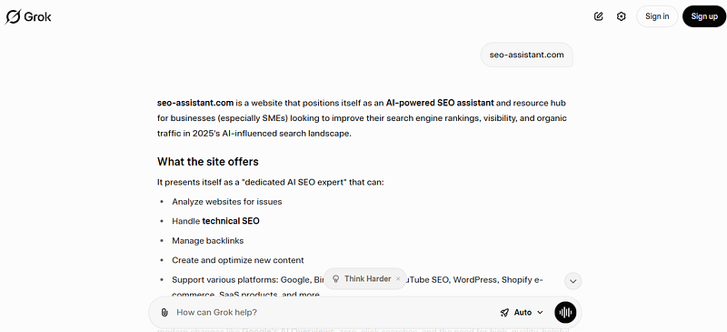 grok ai search answer engine at seo-assistant.com