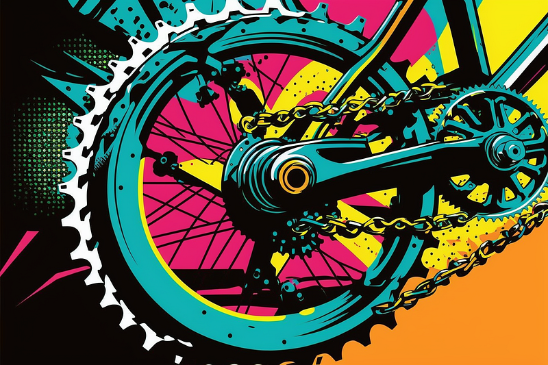 Pop art illustration of the bottom half of a bicycle focused on the turning wheel and gears.