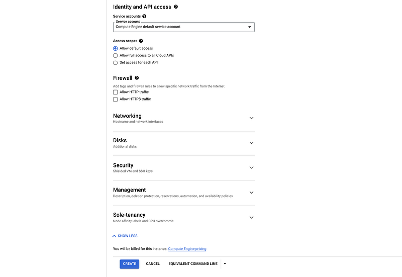 Some of the Compute Engine options to choose before creating your VM
