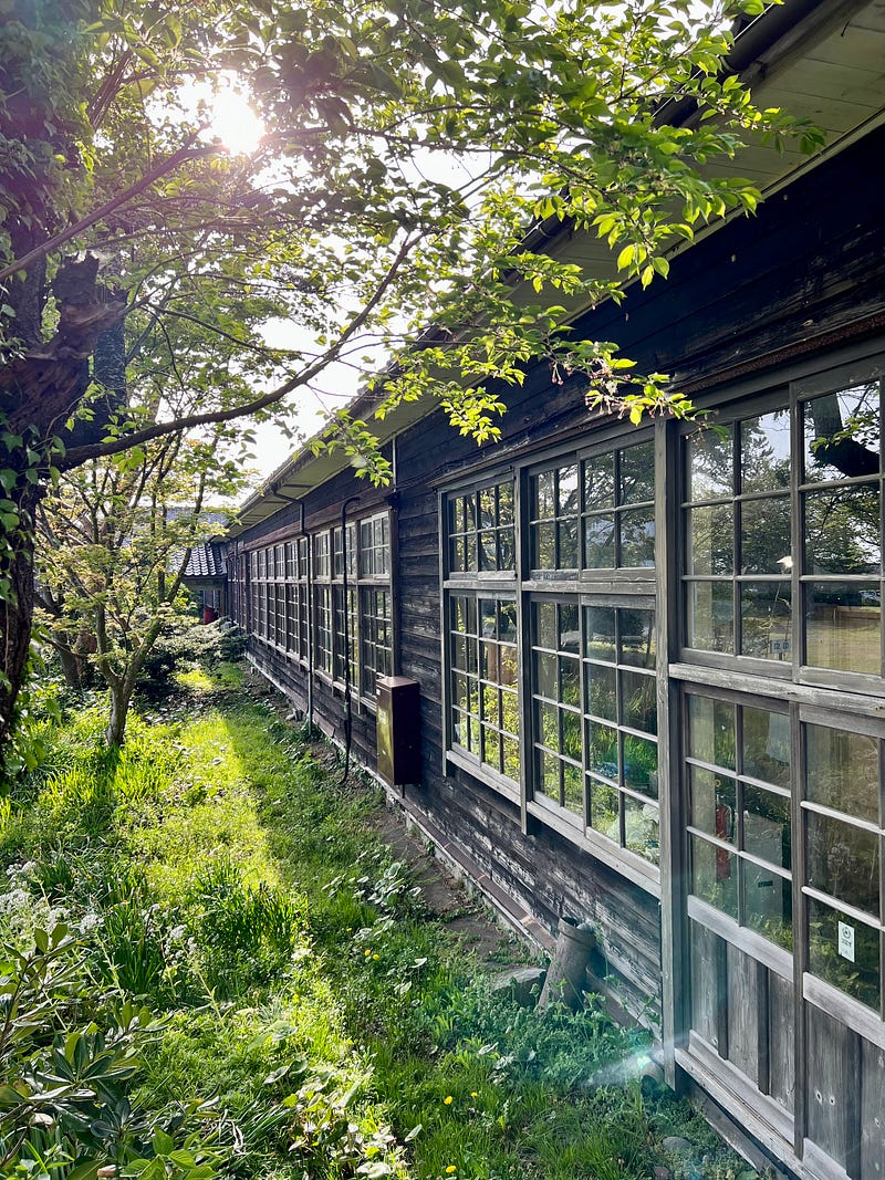 Side view of old wooden building with large windows that reflect the images of the trees.