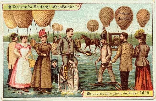 Image of a postcard trying from victorian Germany in 1900 trying to predict the future  year 2000. People are seen to be walking on water using the aid of small balloons reducing their effective weight. One guy seems to be pedalling a water wheel. A horse is seen to be pulling a cart on water.