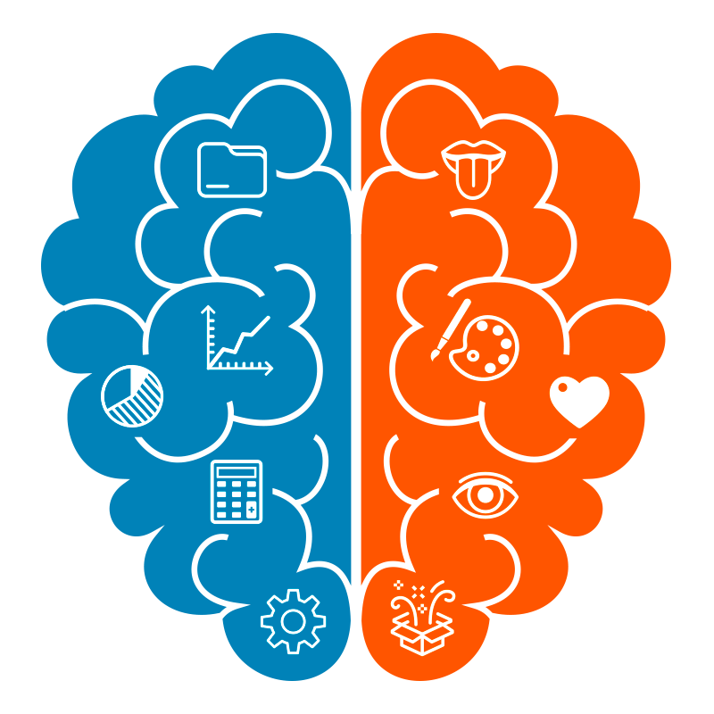 Illustration of the brain with left brain and right brain in different colors with icons