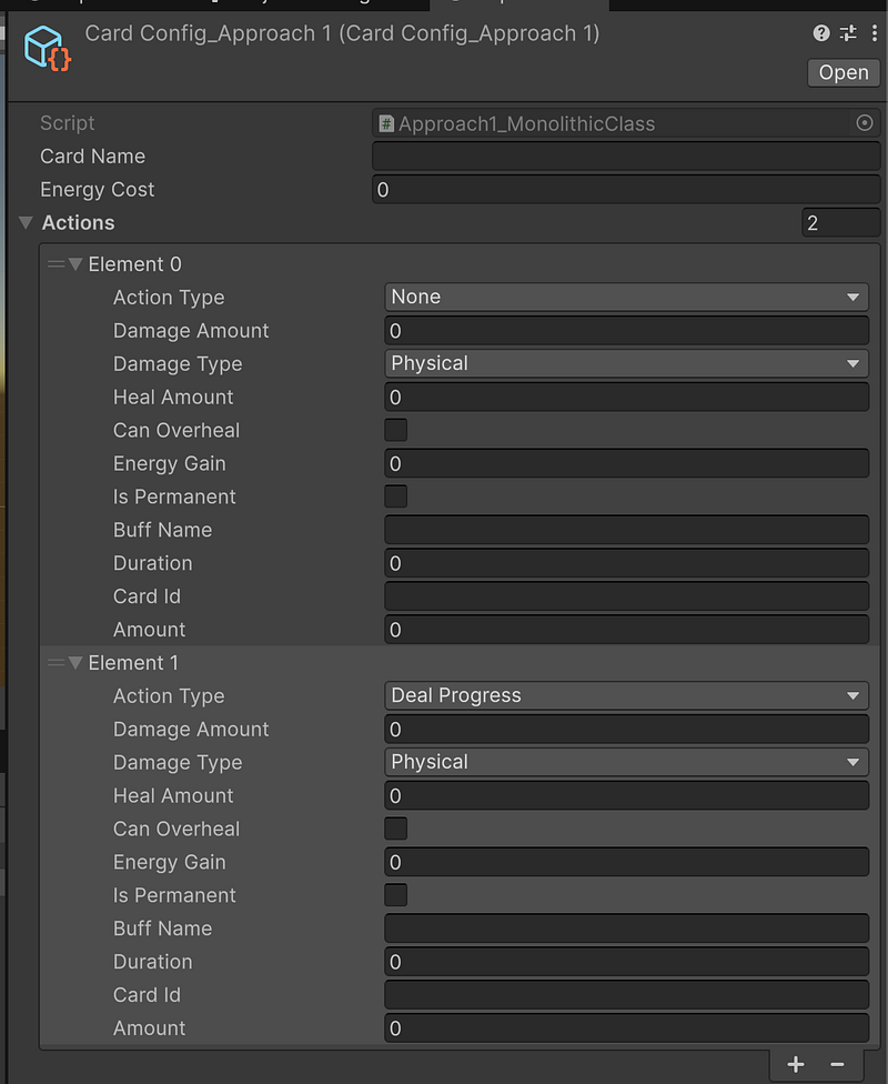 Unity Inspector showing the monolithic CardAction class with all fields for every action type visible simultaneously, creating a cluttered inspector
