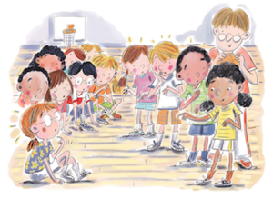 An illustration of a group of students in gym class. 