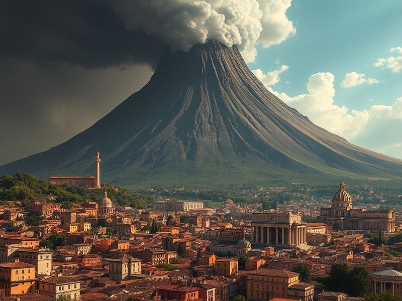 The bustling ancient Roman city of Pompeii beneath a towering volcano, moments before the sky darkens with falling ash.