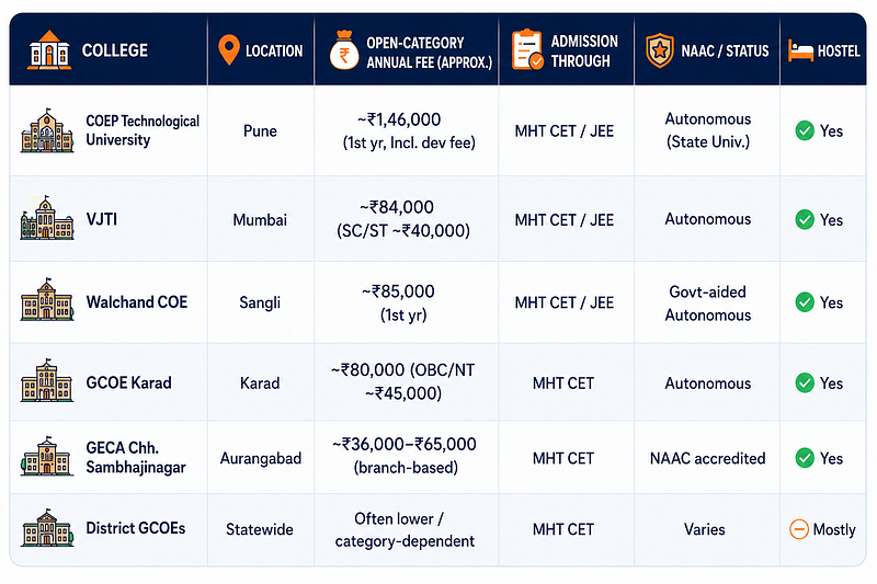 Breakdown of engineering college fees in Maharashtra including tuition fees, hostel charges, examination fees, development fees, and one-time admission charges.