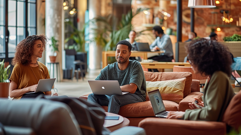a diverse group of employees working collaboratively on laptops in a common area